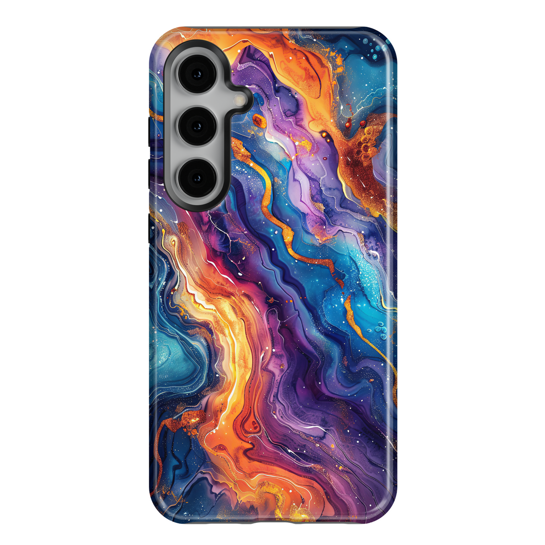 Samsung Galaxy S25 Ultra and S24FE tough phone case with colorful abstract galaxy swirl in orange, purple, and blue tones.