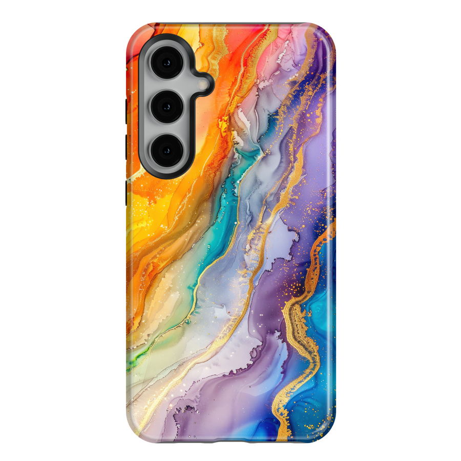 Samsung Galaxy S25 Ultra and S24FE tough phone case with colorful abstract galaxy swirl in orange, purple, and blue tones.