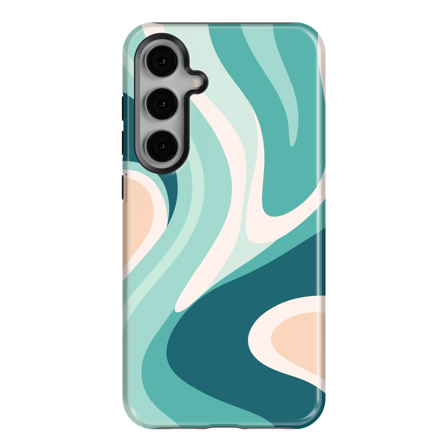 Samsung Galaxy case with abstract teal and nude wavy design – stylish protective cover for Galaxy S24 Ultra, S25, and S24 FE. Coastal aesthetic.