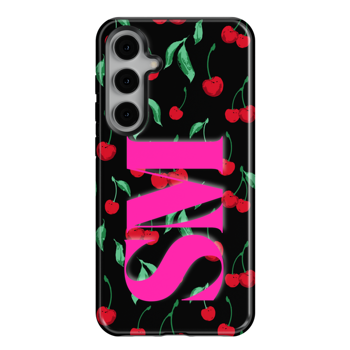 Samsung Galaxy S25 Ultra and S24 FE black case with red cherry pattern and hot pink monogram.
