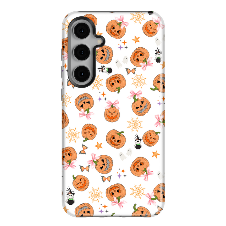 Samsung Galaxy S25 Ultra and S24 FE white case with orange pumpkins, pink bows, ghosts, and Halloween-themed designs.