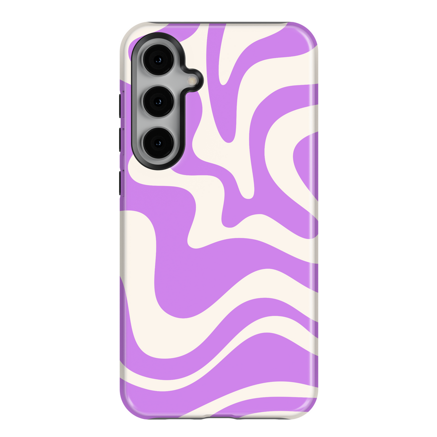 Samsung Galaxy phone case with abstract lavender swirl design on cream background – aesthetic pastel cover for Galaxy S24 Ultra, S25, and S24 FE.