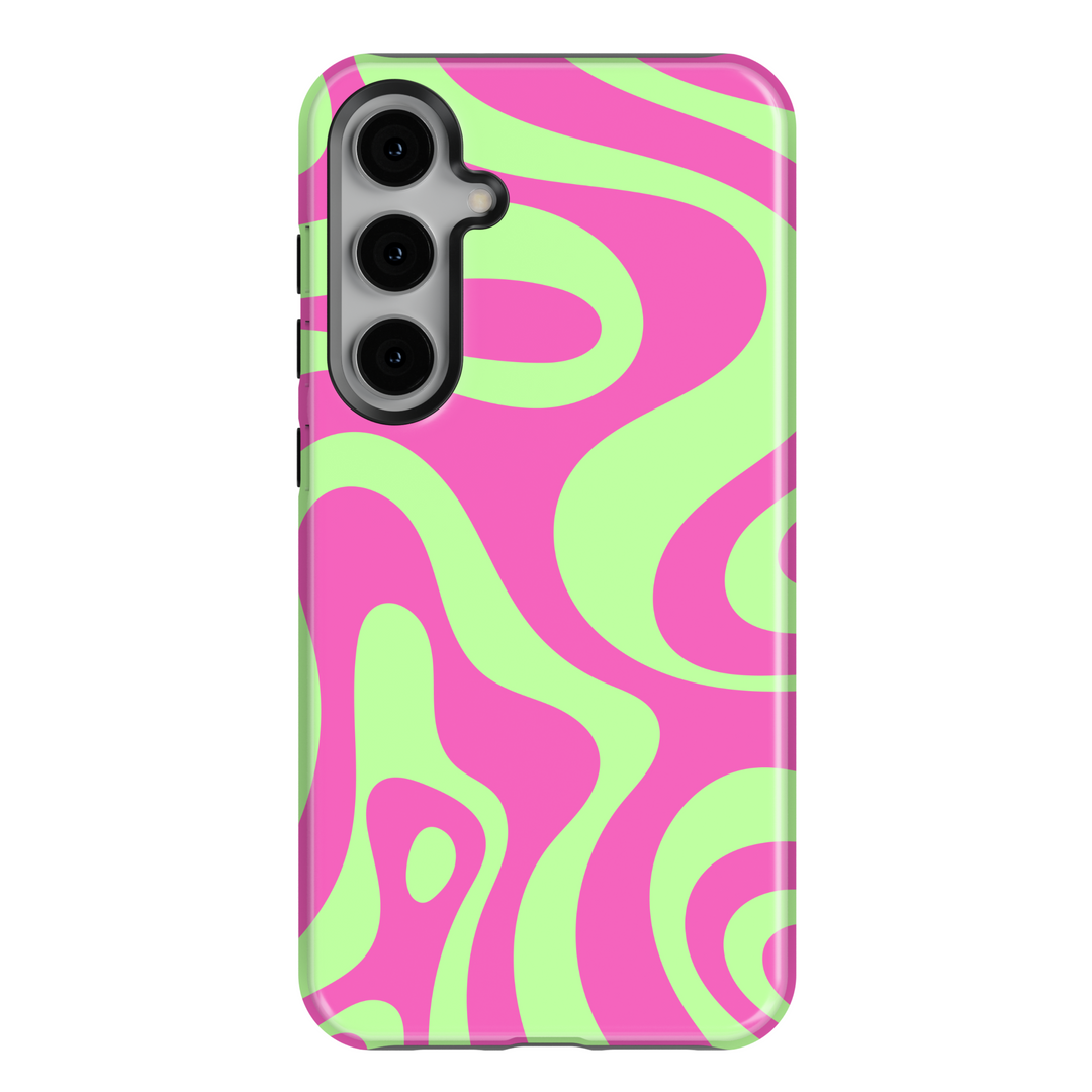 Samsung Galaxy S25 Ultra and S24 FE case with neon pink and green abstract wavy pattern in retro Y2K style.