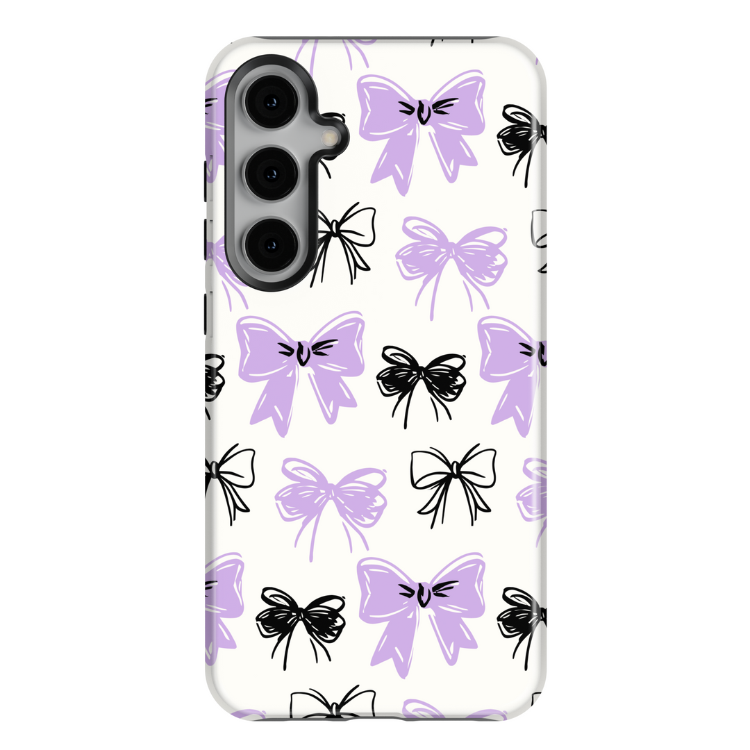 Samsung Galaxy S25 Ultra and S24 FE case with purple and black bow pattern in chic coquette style.