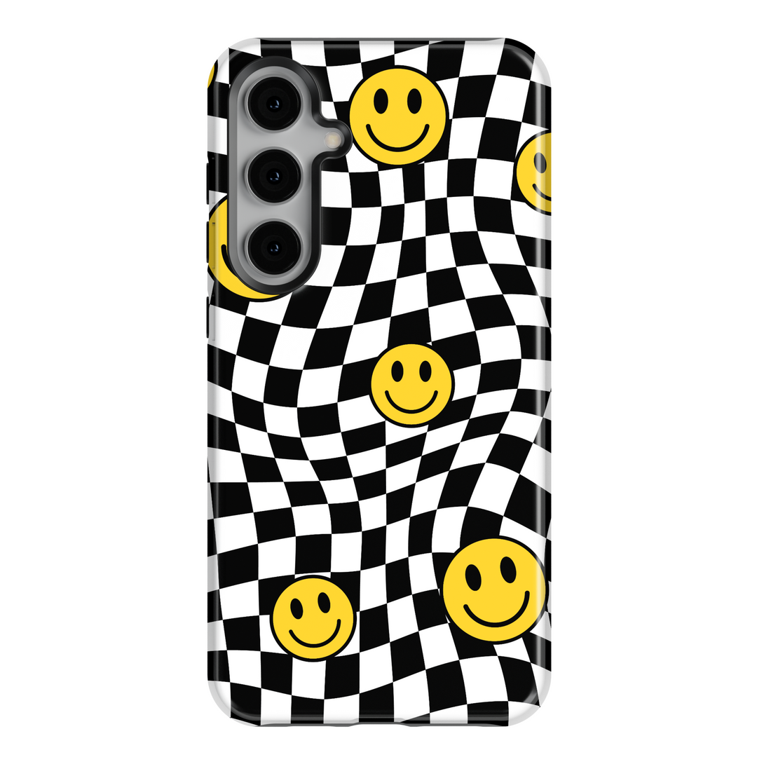Samsung Galaxy case with black and white wavy checkerboard and yellow smiley face pattern – fun retro design for Galaxy S24 Ultra, S25, S24 FE.