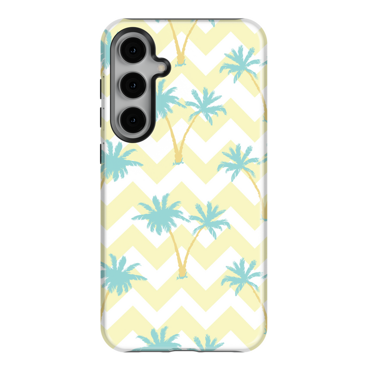 Summer Samsung Galaxy phone case with mint green palm trees and yellow chevron background – cute tropical design for Galaxy S24 Ultra, S25, S24 FE.