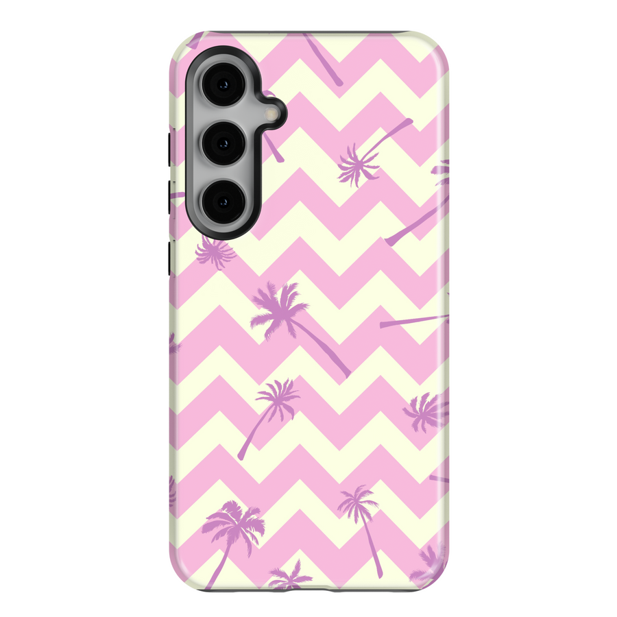 Girly Samsung Galaxy phone case with pastel pink and cream chevron pattern and lavender palm tree accents – tropical beach-inspired design for Galaxy S24 Ultra, S25, S24 FE.