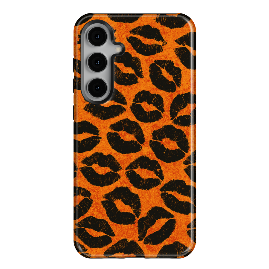 Samsung Galaxy S25 Ultra and S24 FE phone case with bright orange background and black lipstick kiss print pattern.