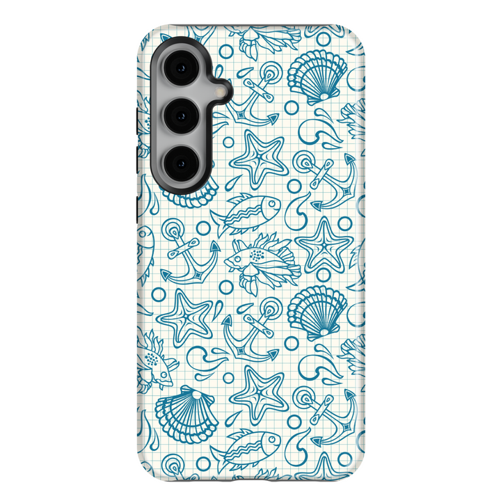Samsung Galaxy S25 Ultra & S24 FE Case – Blue Nautical Sketch Doodle Design with Anchor, Starfish & Shells on Graph Paper Background