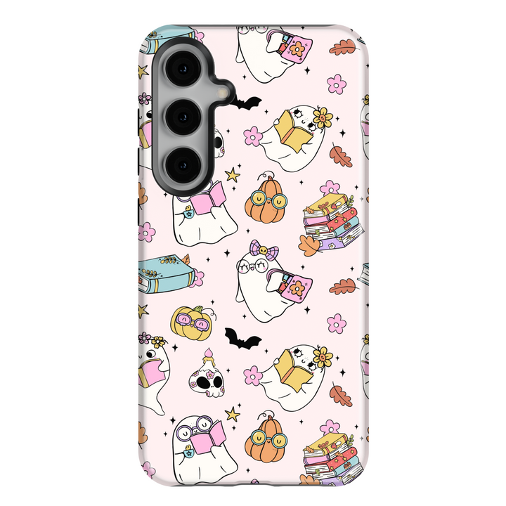 Pastel ghost aesthetic Samsung Galaxy tough case with books, pumpkins, bats, and Halloween designs in pink and pastel colors