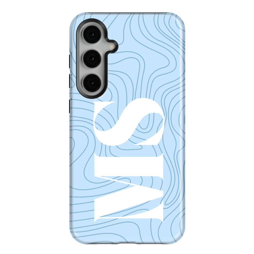 Samsung Galaxy S25 Ultra and S24 FE case with light blue abstract line art background and bold white monogram lettering, minimal chic protective cover.