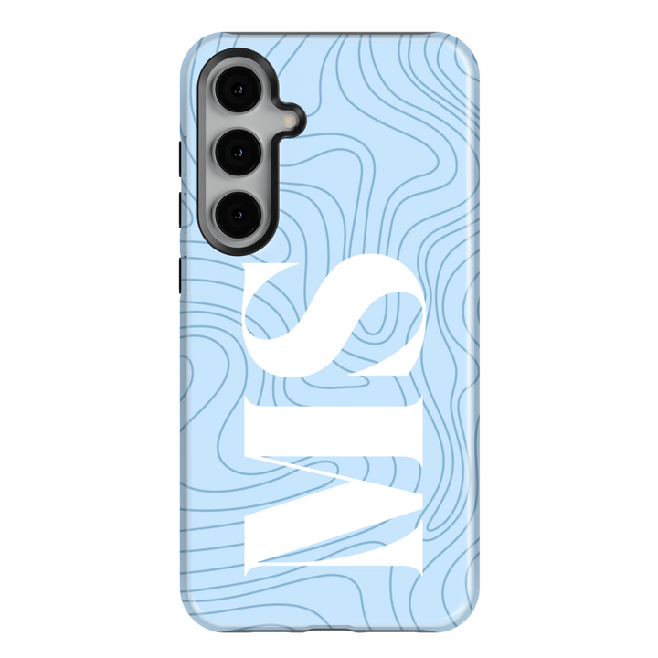 Samsung Galaxy S25 Ultra and S24 FE case with light blue abstract line art background and bold white monogram lettering, minimal chic protective cover.
