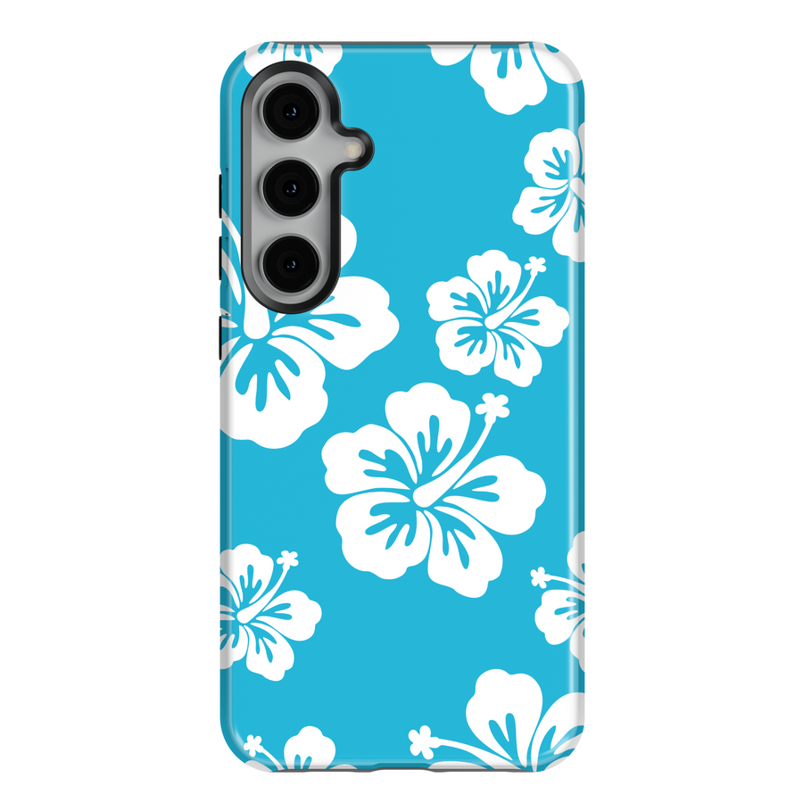 Tropical blue hibiscus flower phone case for Samsung Galaxy S25 Ultra, Galaxy S24 FE, Galaxy S23 Ultra – Hawaiian floral design, summer beach aesthetic, durable protective case with bold white hibiscus pattern on aqua blue background.