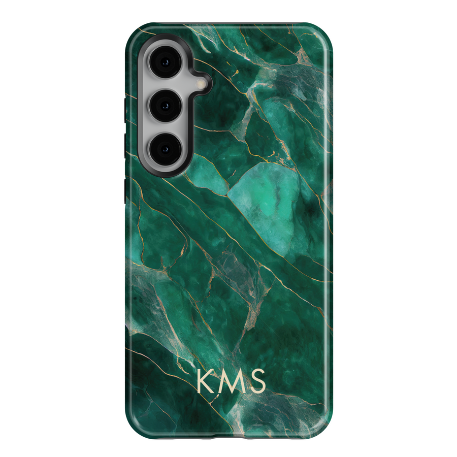 Samsung Galaxy S25 Ultra and S24FE tough phone case with rich green marble design, gold veins, and custom monogram.