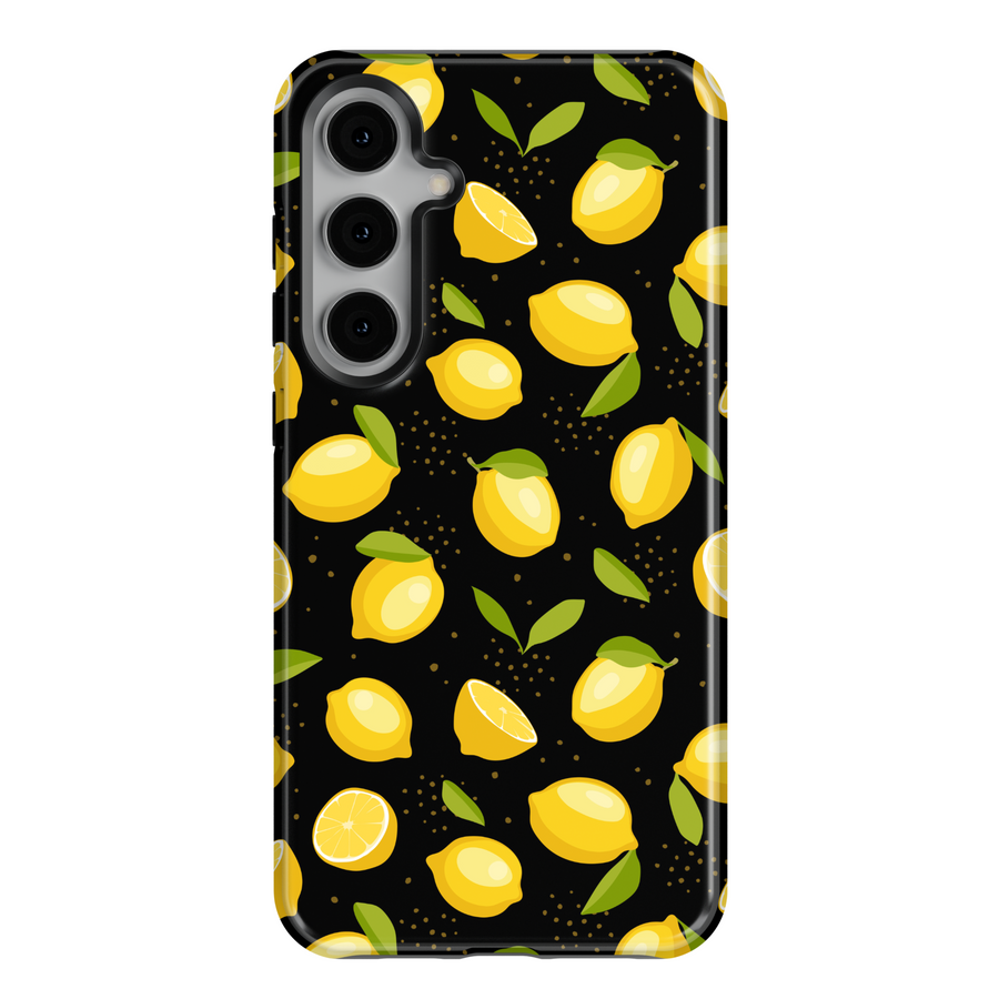 Yellow lemon Samsung Galaxy S24 Ultra case for women – fruity citrus phone case for Galaxy S25, S24 FE, S23 Ultra with black background and green leaves.