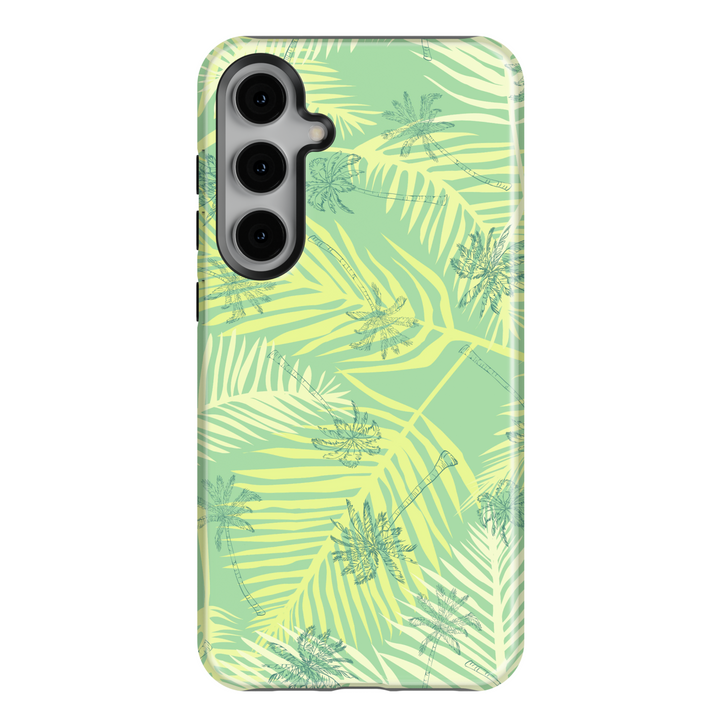 Mint green Samsung Galaxy phone case with yellow palm leaves and tropical palm tree sketches – summer aesthetic case for Galaxy S24 Ultra, S25, S24 FE. Beachy phone case for women.