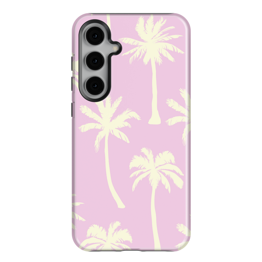 Pink Samsung Galaxy phone case with ivory palm tree print – cute summer tropical case for Galaxy S24 Ultra, S25, and S24 FE. Beach aesthetic phone case for women.