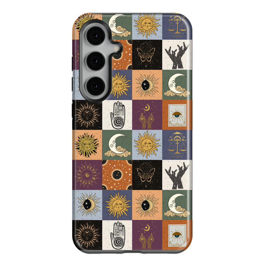 Samsung Galaxy S25 Ultra and S24 case with boho celestial patchwork of sun, moon, tarot, and astrology symbols.
