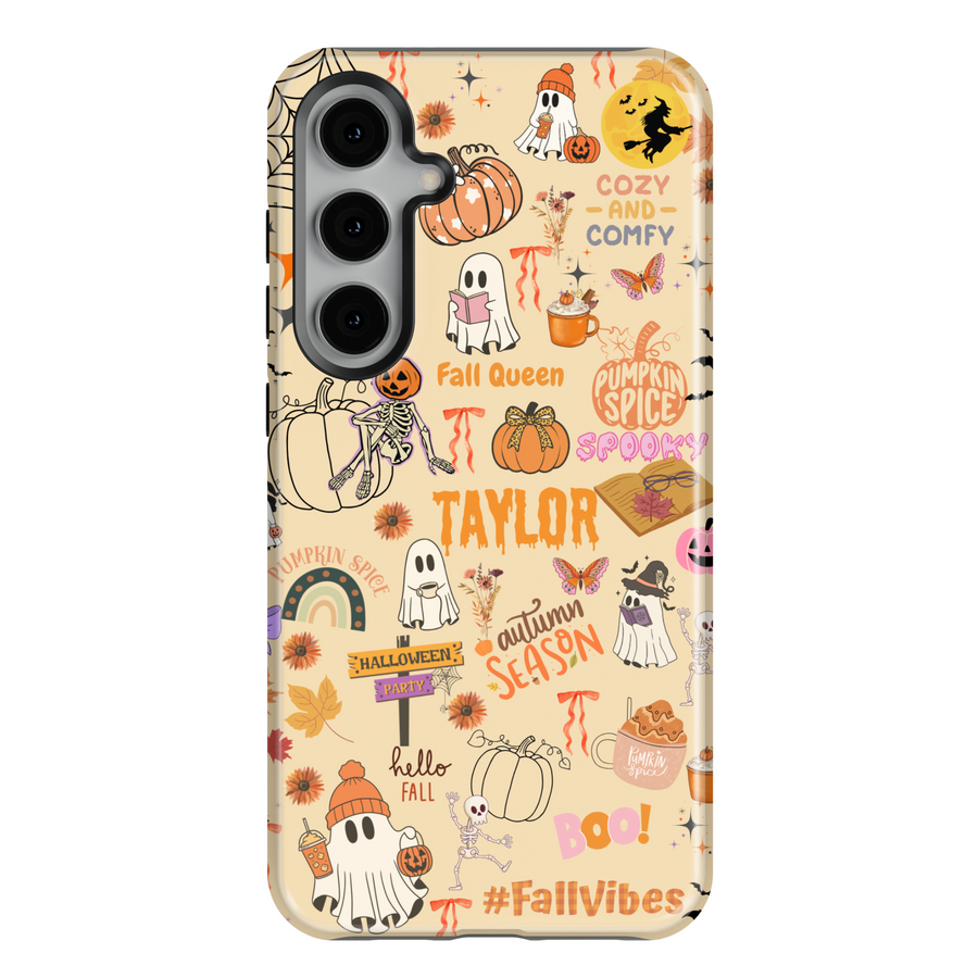 Samsung Galaxy S25 Ultra and S24 case with personalized fall design featuring cute ghosts, pumpkins, skeletons, autumn leaves, and cozy Halloween-themed elements.