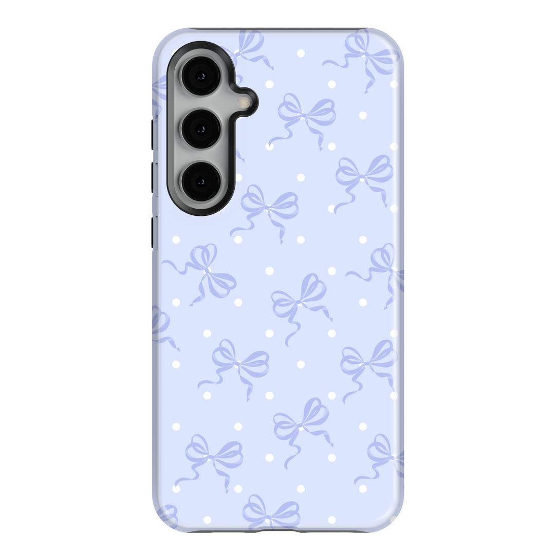 Light blue Samsung Galaxy case with dainty bow and polka dot pattern – fits Galaxy S24 Ultra, S25, S24 FE. Cute coquette-inspired design for women.