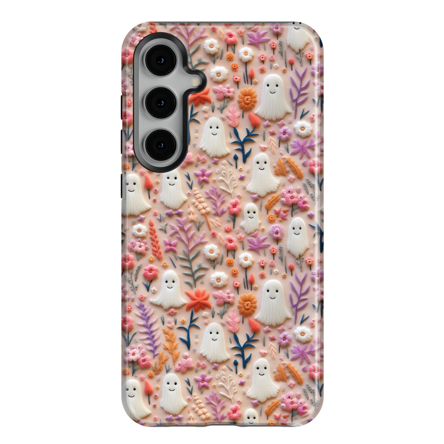 Samsung Galaxy S25 Ultra and S24 case with cute smiling ghost and pastel floral design in soft pink, orange, and lavender tones.