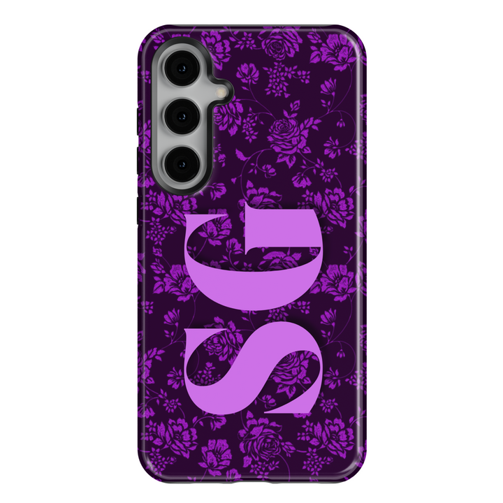 Samsung Galaxy S25 Ultra and S24 case with deep purple floral background and bold light purple custom monogram letters.