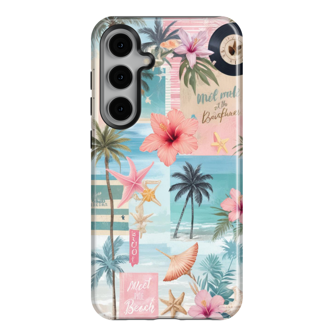 Samsung Galaxy phone case with pink hibiscus, palm trees, starfish, and beach-themed collage for a summery aesthetic vibe