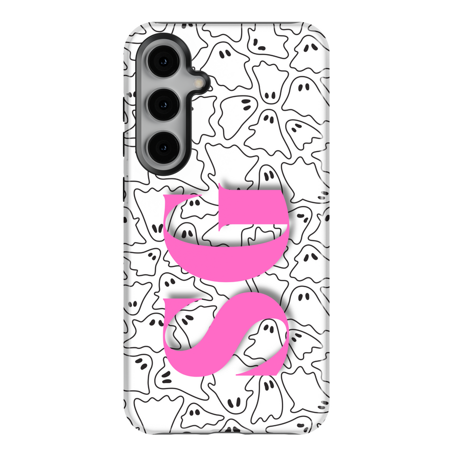 Samsung Galaxy S25 Ultra and S24 case with black-and-white ghost pattern background and large bold pink custom monogram letters.