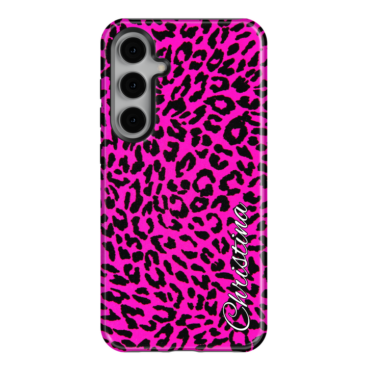 Personalized Samsung Galaxy S24 Ultra case with hot pink and black leopard print – custom name animal print case for Galaxy S25, S24 FE.