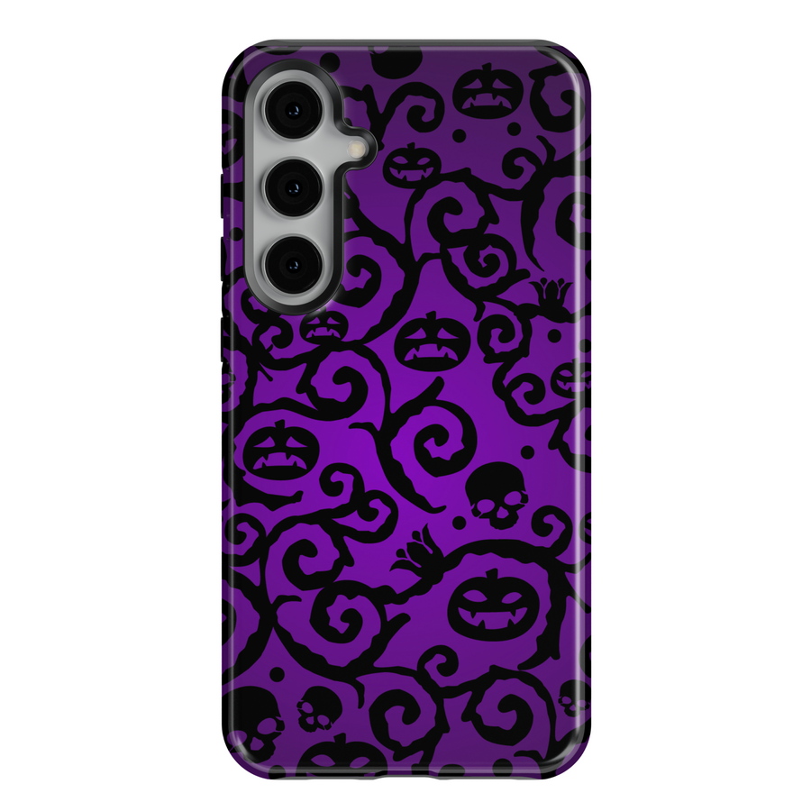 Samsung Galaxy S25 Ultra and S24 case with purple background, black swirling vines, spooky pumpkins, and skull design.