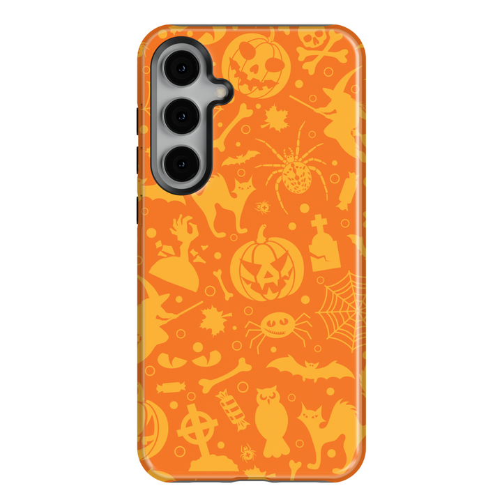 Samsung Galaxy S25 Ultra and S24 case with bright orange background and yellow Halloween silhouettes of pumpkins, bats, witches, spiders, and cobwebs.
