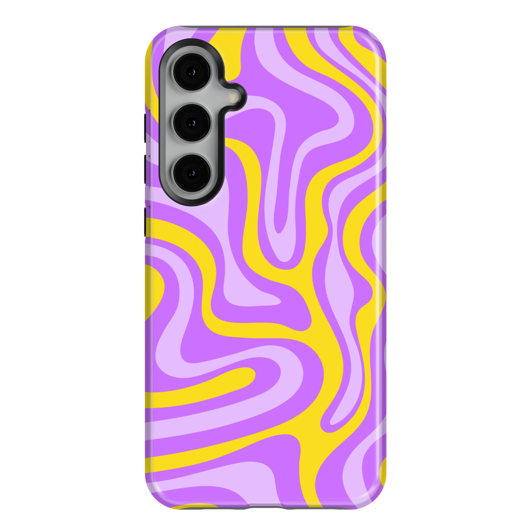 Samsung Galaxy S25 Ultra and S24 FE case with vibrant purple and yellow groovy wavy pattern, retro chic protective cover.