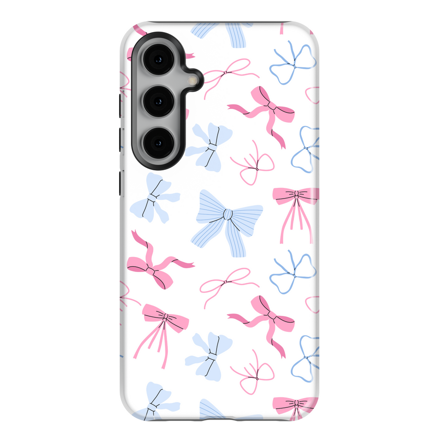 Samsung Galaxy phone case with pink and blue girly bows on a white background – cute coquette aesthetic tough case for girls