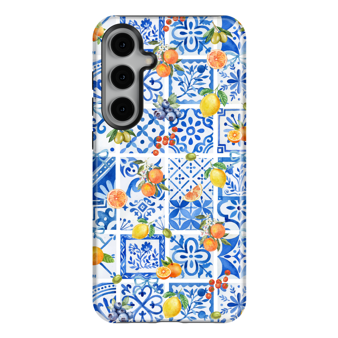 Mediterranean tile Samsung Galaxy S25 case with blue and white ceramic pattern and citrus fruit design – lemon and orange summer phone case for Galaxy S24 Ultra