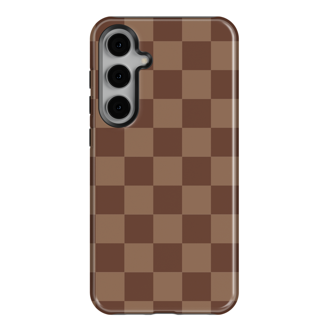 Samsung Galaxy S24 Ultra case with brown checkerboard grid pattern – neutral aesthetic phone case for Galaxy S25, S24 FE, and more.