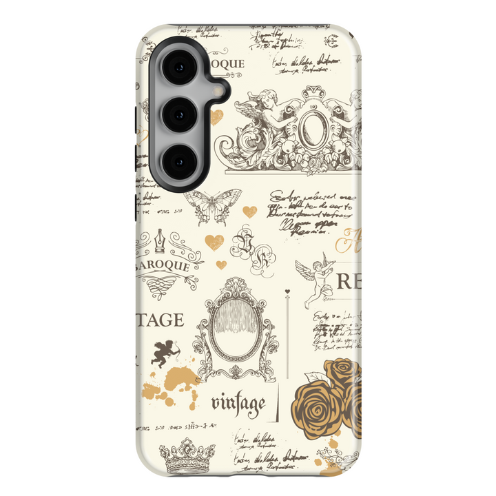 Samsung Galaxy S25 Ultra and S24 case with cream background, baroque cherubs, ornate frames, handwritten script, butterflies, and golden rose accents.
