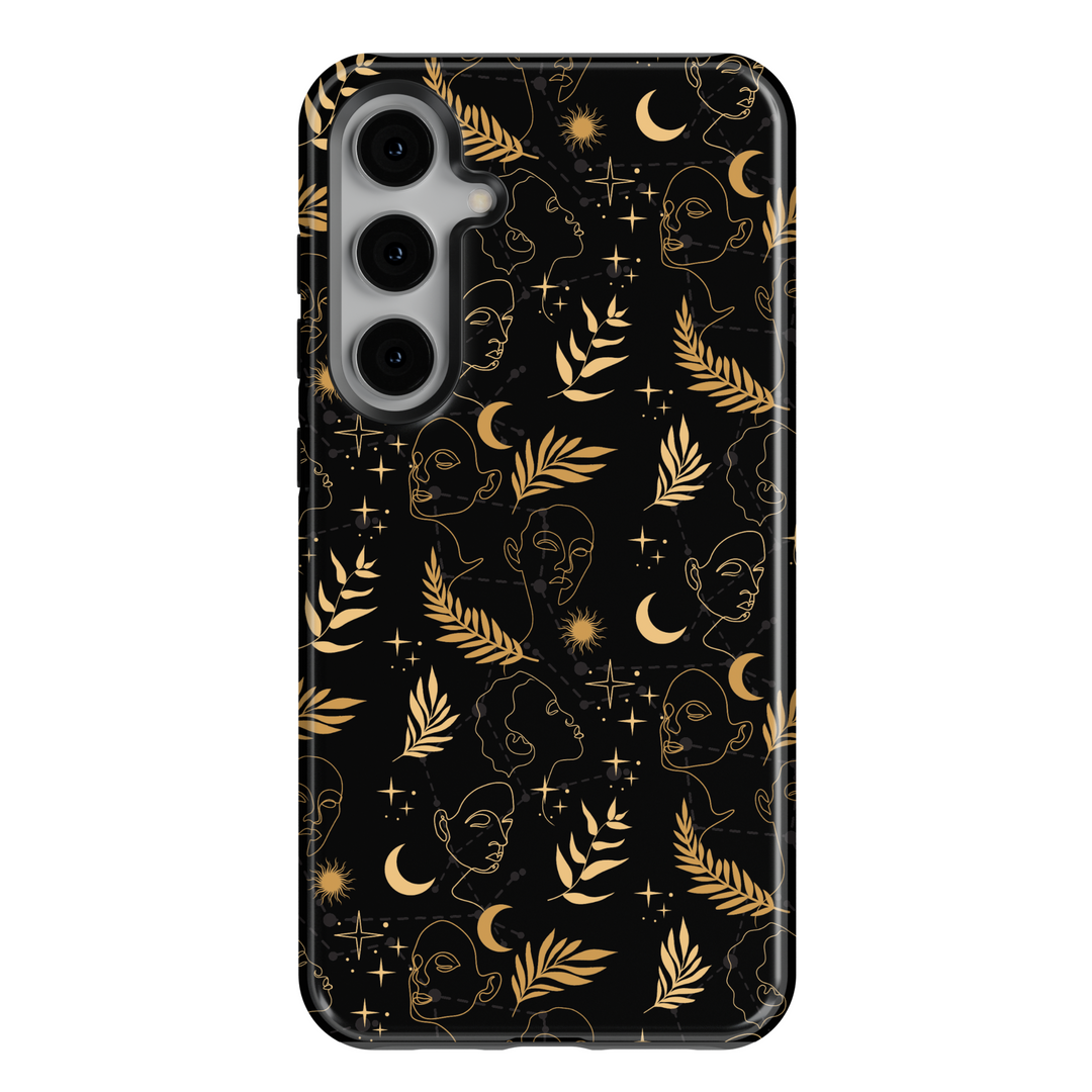 Samsung Galaxy S25 Ultra and S24FE phone case for women with black background and gold celestial moon, star, and face line art design – durable tough case.