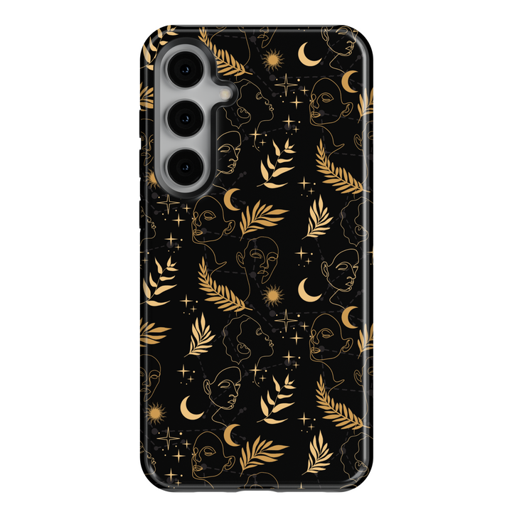 Samsung Galaxy S25 Ultra and S24FE phone case for women with black background and gold celestial moon, star, and face line art design – durable tough case.