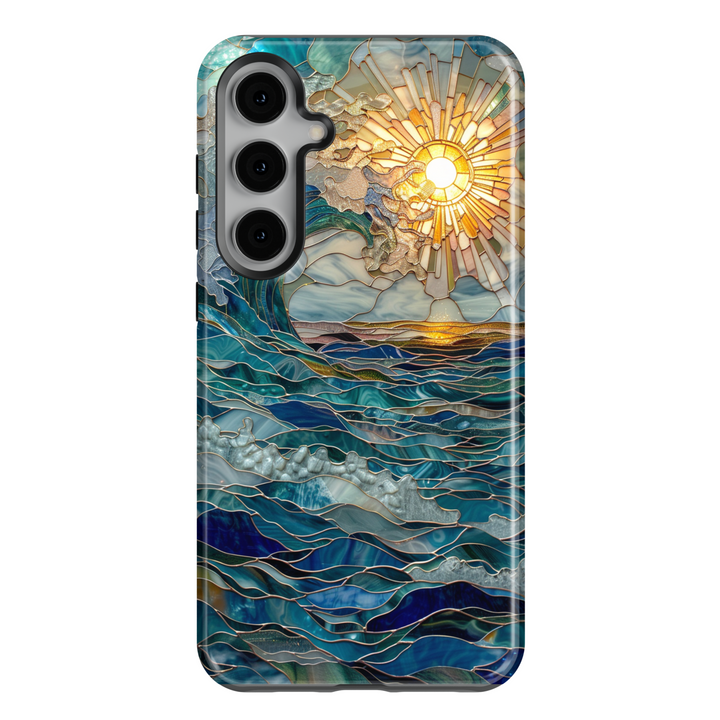 Samsung Galaxy S25 Ultra and S24FE phone case for women with artistic ocean wave and sun design in blue and gold tones – durable tough case.