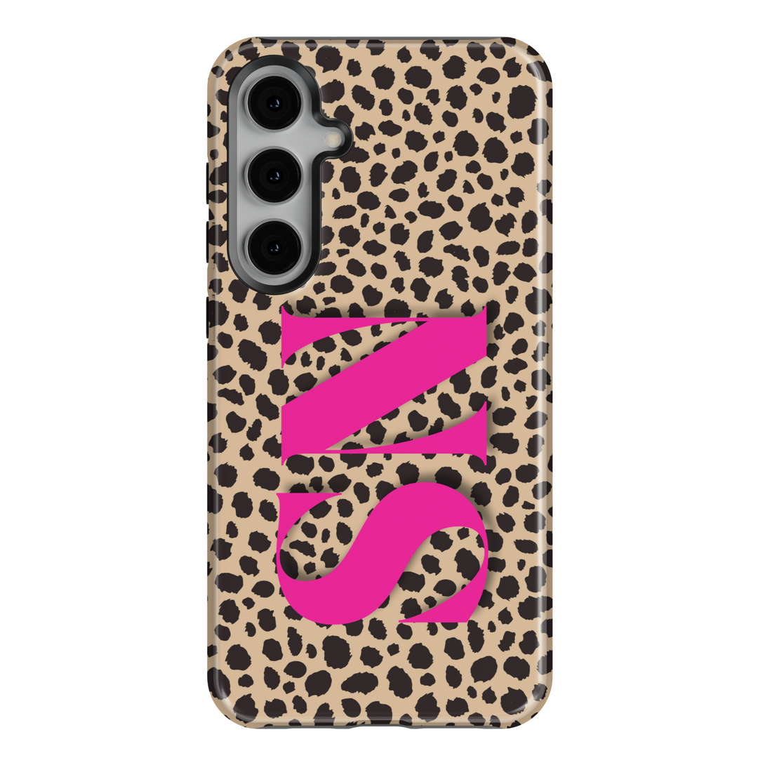 Samsung Galaxy S25 Ultra and S24FE tough phone case for women with leopard print background and bold hot pink monogram design – stylish and protective.