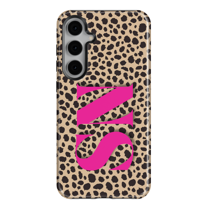 Samsung Galaxy S25 Ultra and S24FE tough phone case for women with leopard print background and bold hot pink monogram design – stylish and protective.