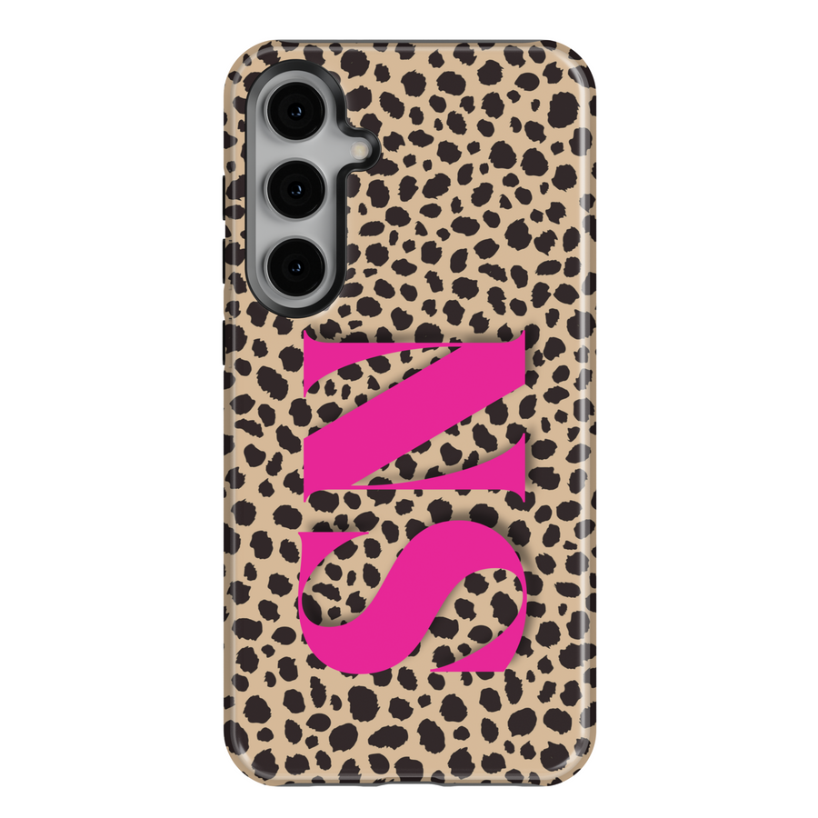 Samsung Galaxy S25 Ultra and S24FE tough phone case for women with leopard print background and bold hot pink monogram design – stylish and protective.