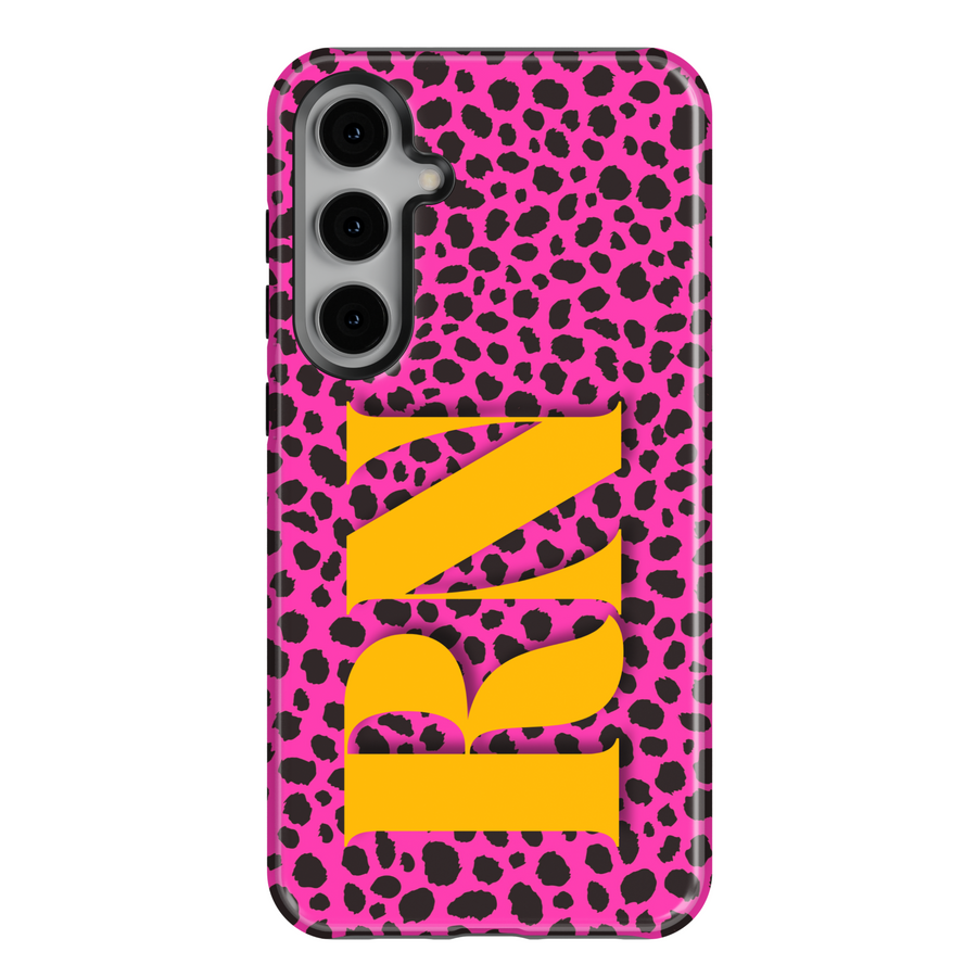 Samsung Galaxy S25 Ultra and S24FE tough phone case for women with hot pink leopard print and bold yellow monogram – stylish, vibrant, and protective.