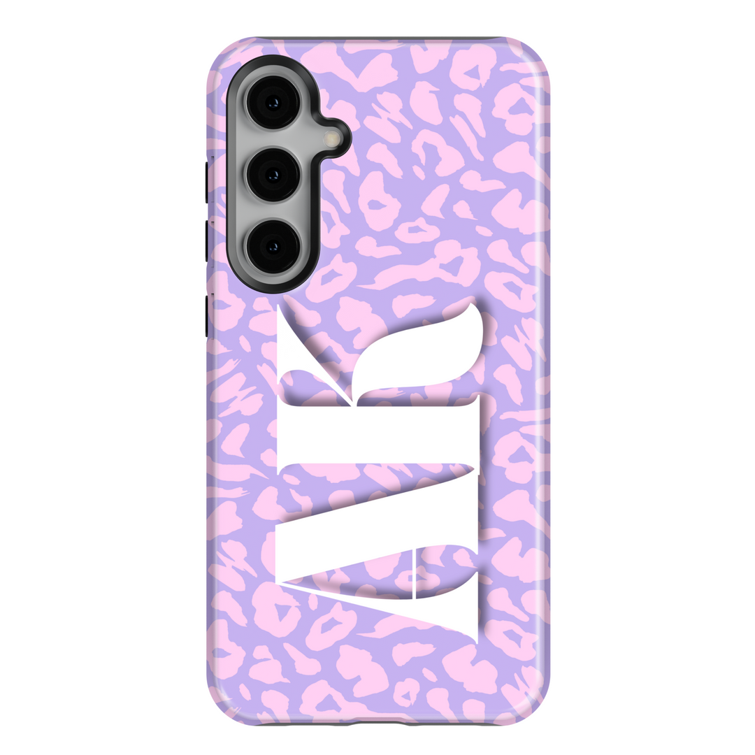 Samsung Galaxy S25 Ultra and S24FE tough phone case for women with pastel purple leopard print and white monogram – stylish, girly, and protective.