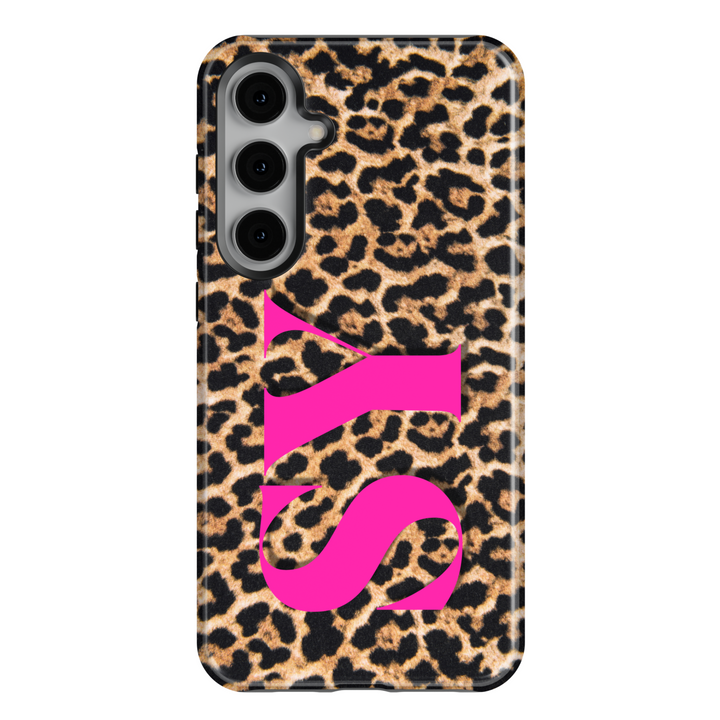 Samsung Galaxy S25 Ultra and S24FE tough phone case with leopard print background and hot pink monogram – stylish and protective.