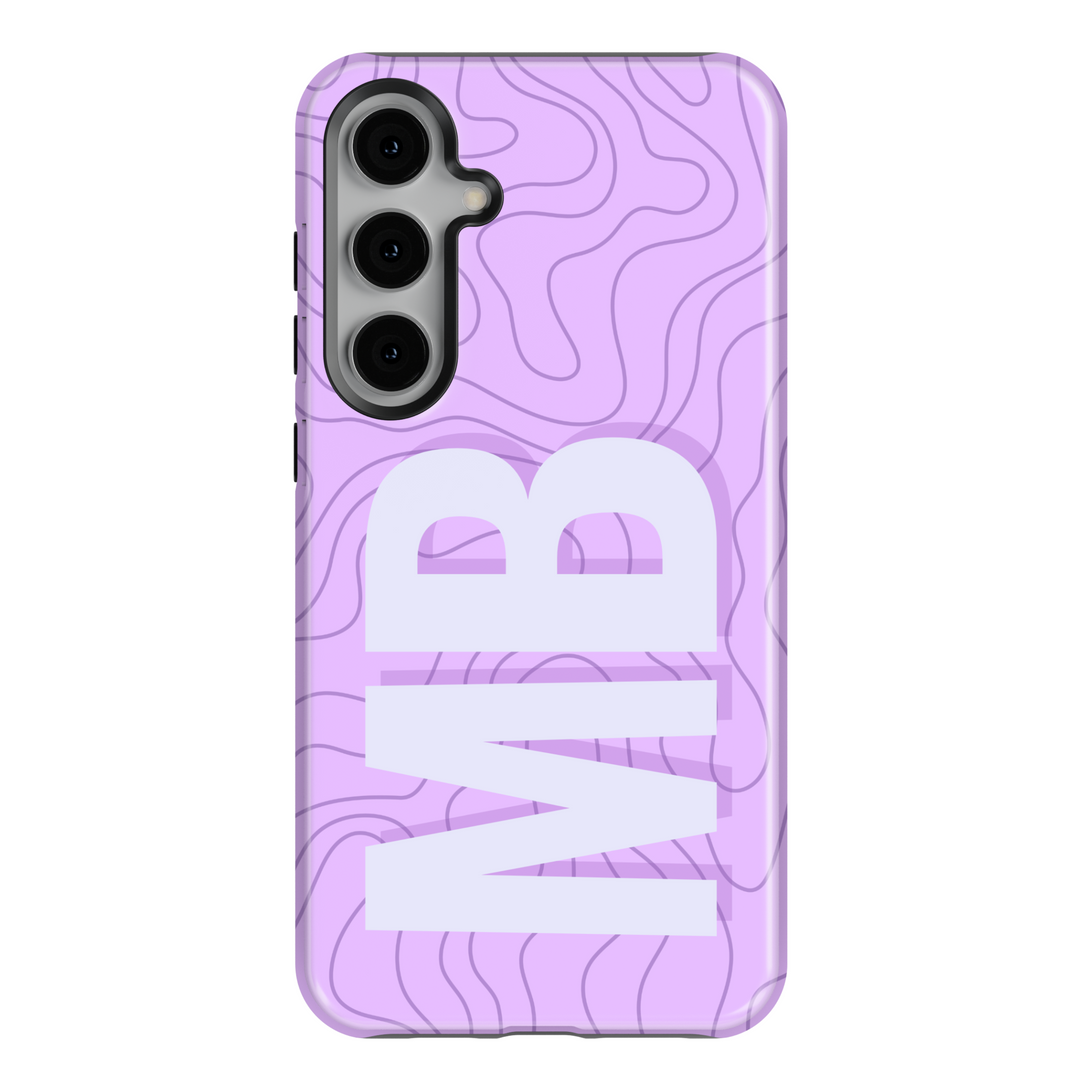Samsung Galaxy S25 Ultra and S24 FE lavender topographic pattern phone case with bold white monogram initials.