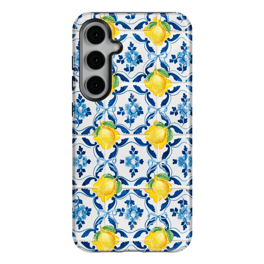 Amalfi lemon tile patternGalaxy S25 case for Galaxy S24 Ultra with blue ceramic and yellow citrus print – Samsung compatible Italian summer aesthetic phone cover