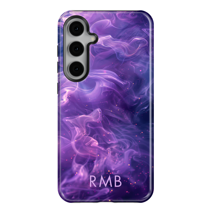Samsung Galaxy S25 Ultra and S24FE tough phone case with purple, pink, and gold galaxy smoke design and custom monogram.
