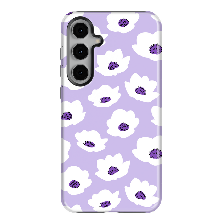 Lilac Samsung Galaxy S24 Ultra case with white floral pattern – cute protective case for women, fits Galaxy S25, S24 FE, S23 Ultra, girly pastel phone case design.