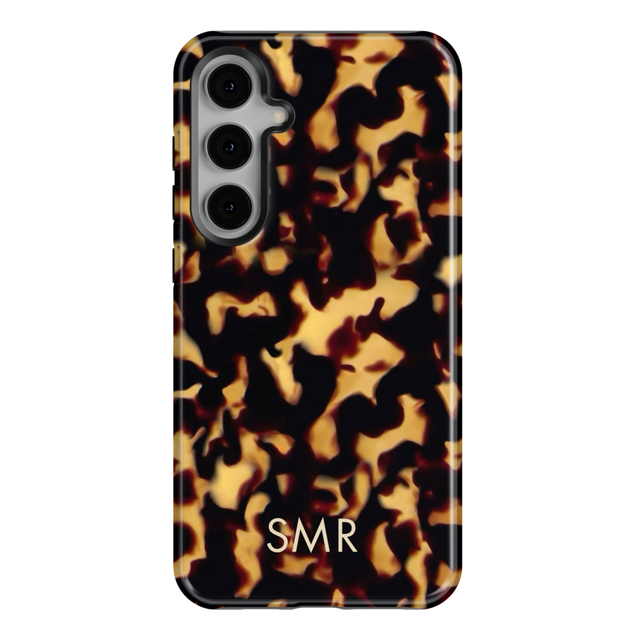 Samsung Galaxy S25 Ultra and S24FE tough phone case with amber tortoiseshell pattern and personalized monogram – stylish and protective.